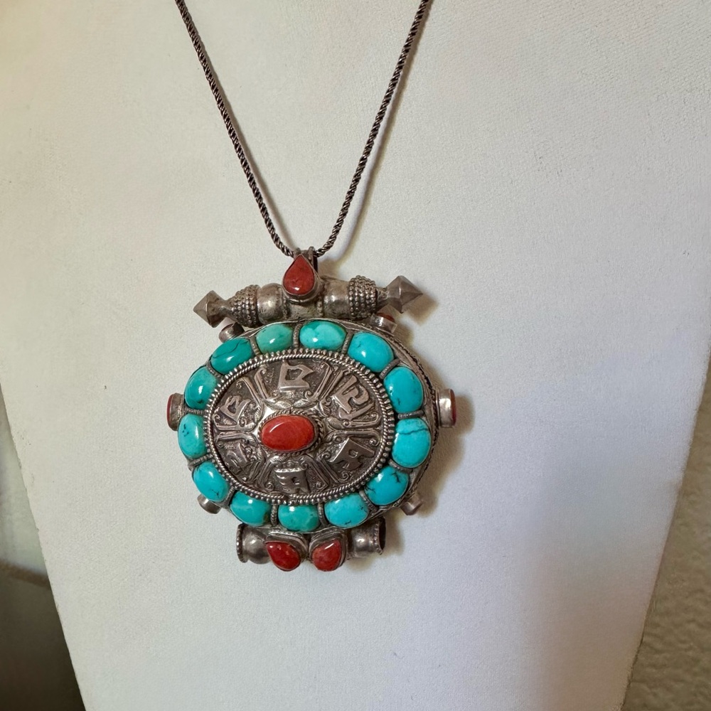 Sterling Silver Tibetan Gau Pendant Necklace w/ Genuine Turquoise & Coral